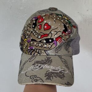Y2K Ed Hardy Silver Skull Cap with Red Hearts